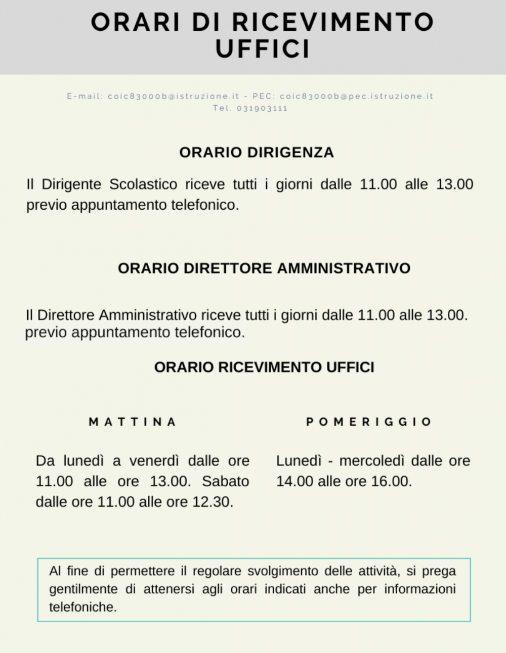 Orario di ricevimento uffici di segreteria